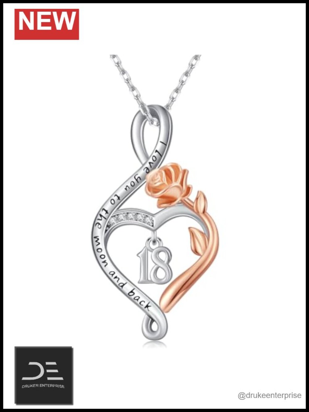 18th Birthday Gift 925 Sterling Silver Rose Flower Heart Infinity Pendant